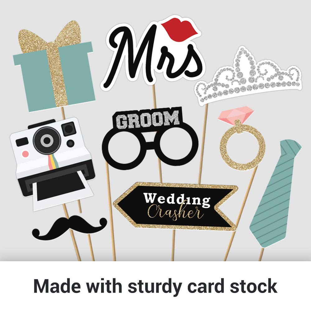 Fully Assembled Wedding Photo Booth Props - Set of 40 - Gold, Pink, Teal, & Silver Selfie Signs - Wedding Party Supplies & Decorations - Cute Designs with Real Glitter - Did We Mention No DIY