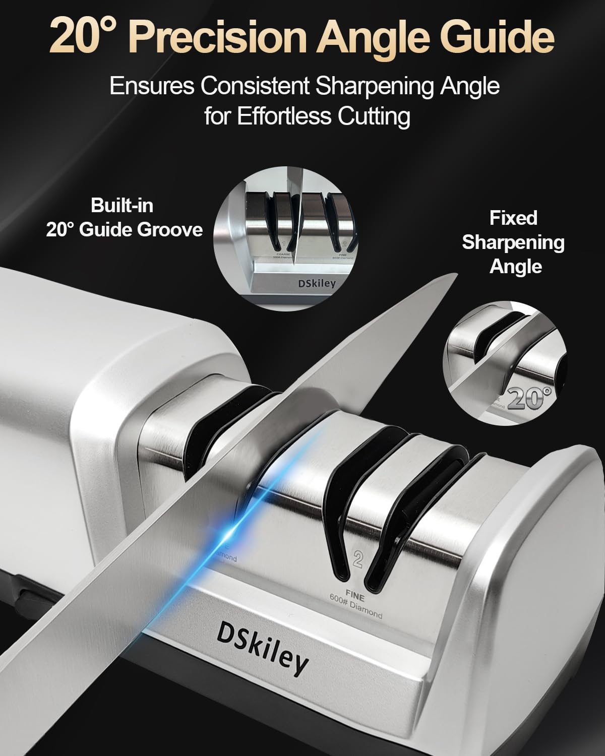 Electric Knife Sharpener for Kitchen – Professional 2-Stage 100% Diamond System with 20° Precision Angle, Fast Sharpening to Restore & Polish Chef Knives (2-Stage Silver)