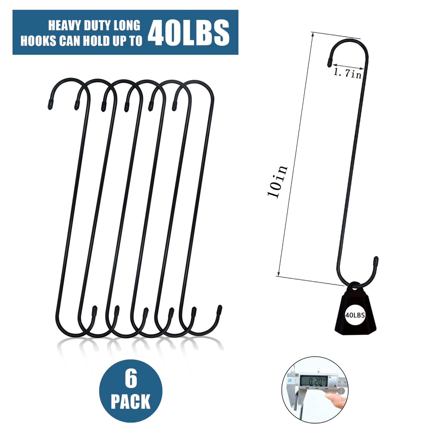 KEEPFFYE 6 Pack 10 inch Extra Large S Hooks for Hanging Plants,Black Heavy Duty Long Plant Hook for Hanging Baskets Outdoor Plant Hangers Extension Hooks for Bird Feeders,Kitchenware,Pergola,Outdoor