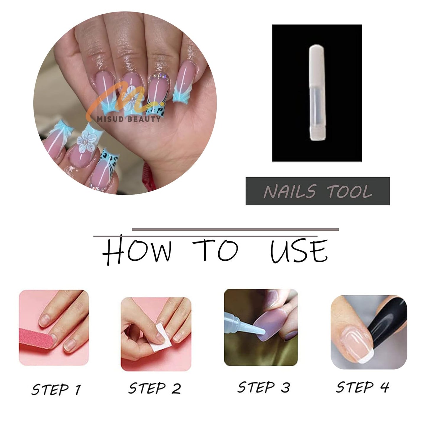 MISUD Press on Nails - Long Square Glue on Nails with Blue French Tip, Acrylic Summer Flower Design 24 pcs