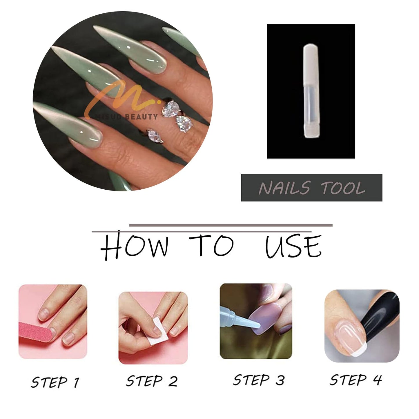 MISUD Press on Nails - Long Stiletto Fake Nails with Summer Green Cat Eye, Acrylic Bling Glitter Design 24 pcs