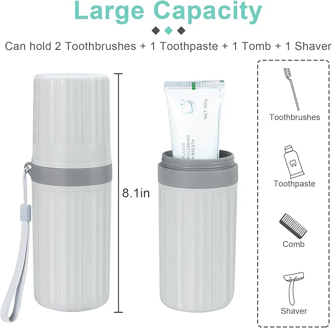 Mulbozy Travel Toothbrush Holder, Large Travel Toothbrush Cup Case, Portable Travel Toothbrush Toothpaste Makeup Storage for Business Trip Camping School - Gray