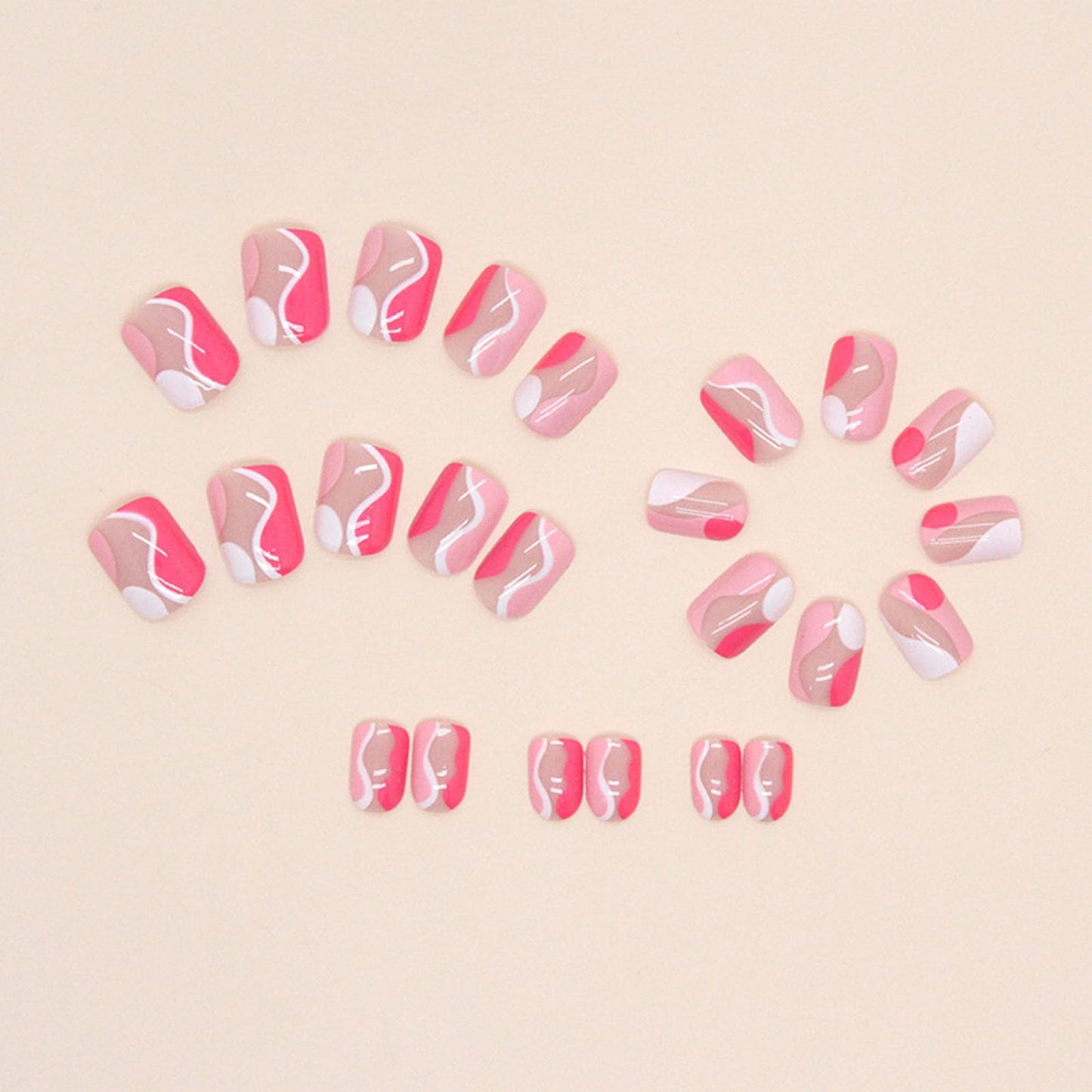 Square Press on Nails Short False Nails Rose Red with White Curve Glue on Nails Nude Full Cover Fake Nails Press ons Glossy Acrylic Nails Artificial Stick on Nails for Women 24Pcs