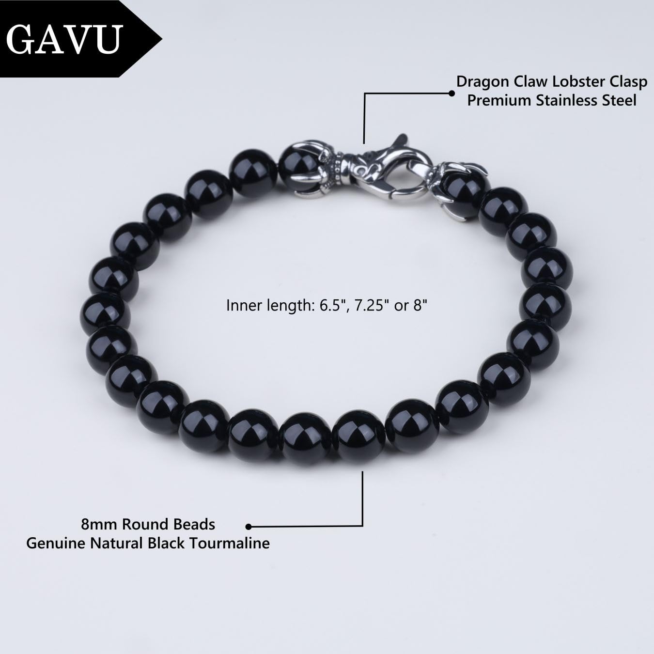 GAVU Crystal Beaded Bracelet for Men, 8mm Black Tourmaline Bracelet for Men 9"