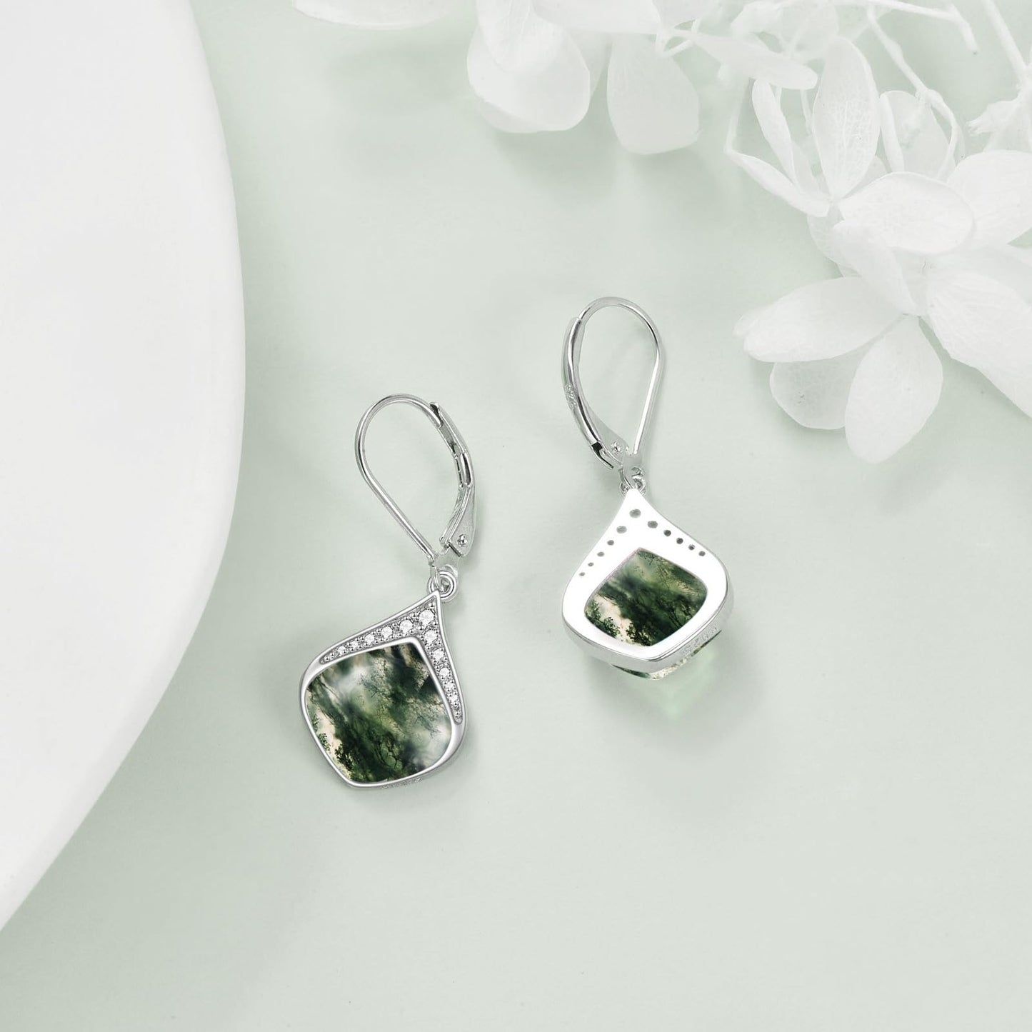 Moss Agate Earrings for Women Sterling Silver Cubic Zirconia Teardrop Drop cubic Zirconia Dangle Earrings Jewelry Gifts for Women