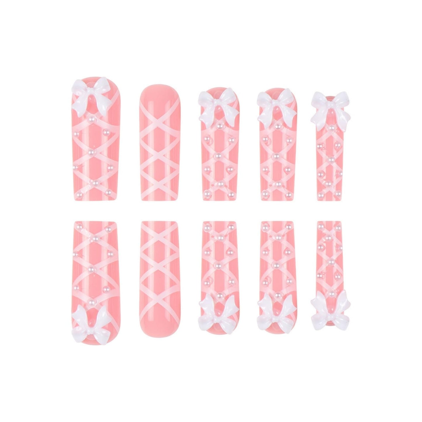 SEENEEY Long Press on Square Nails, 24pcs Pink Artificial Nails with White Bow Designs, Acrylic Material, Full Cover Nail, Press-On False Nails