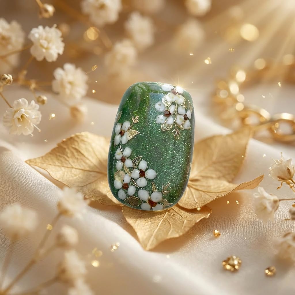 Botanical Garden - Handmade Short Coffin Press on Nails Green Cat Eye Fake Nails with Botanical Design 10Pcs Size M Complete Kit Press Ons - Eli Miré