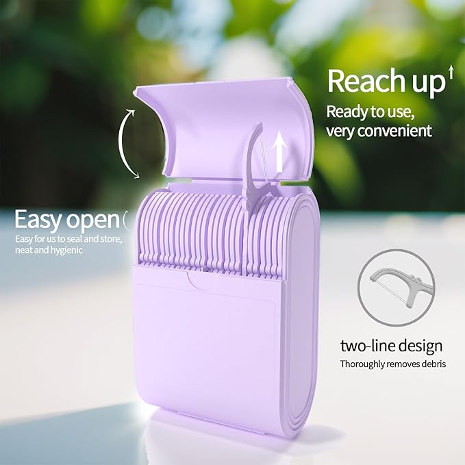 Generic Floss Dental Picks Travel Case 2 Box，104 Double Line Flosser Included-Mint-Flavored-Bilateral Storage Dental Floss Sticks and Toothpick Container,Oral Hygiene Essential., Purple