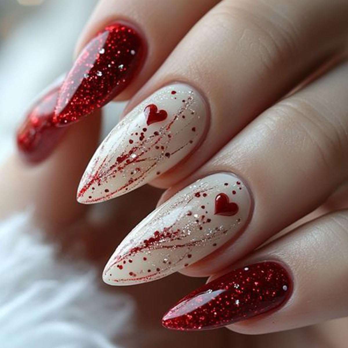 Valentine’s Day Press on Nails Red Medium Almond Fake Nails with Gradient Designs Heart Stripe False Nails Valentine Glue on Nail Artificial Full Cover Stick on Nail for Women 24Pcs Manicure Kit