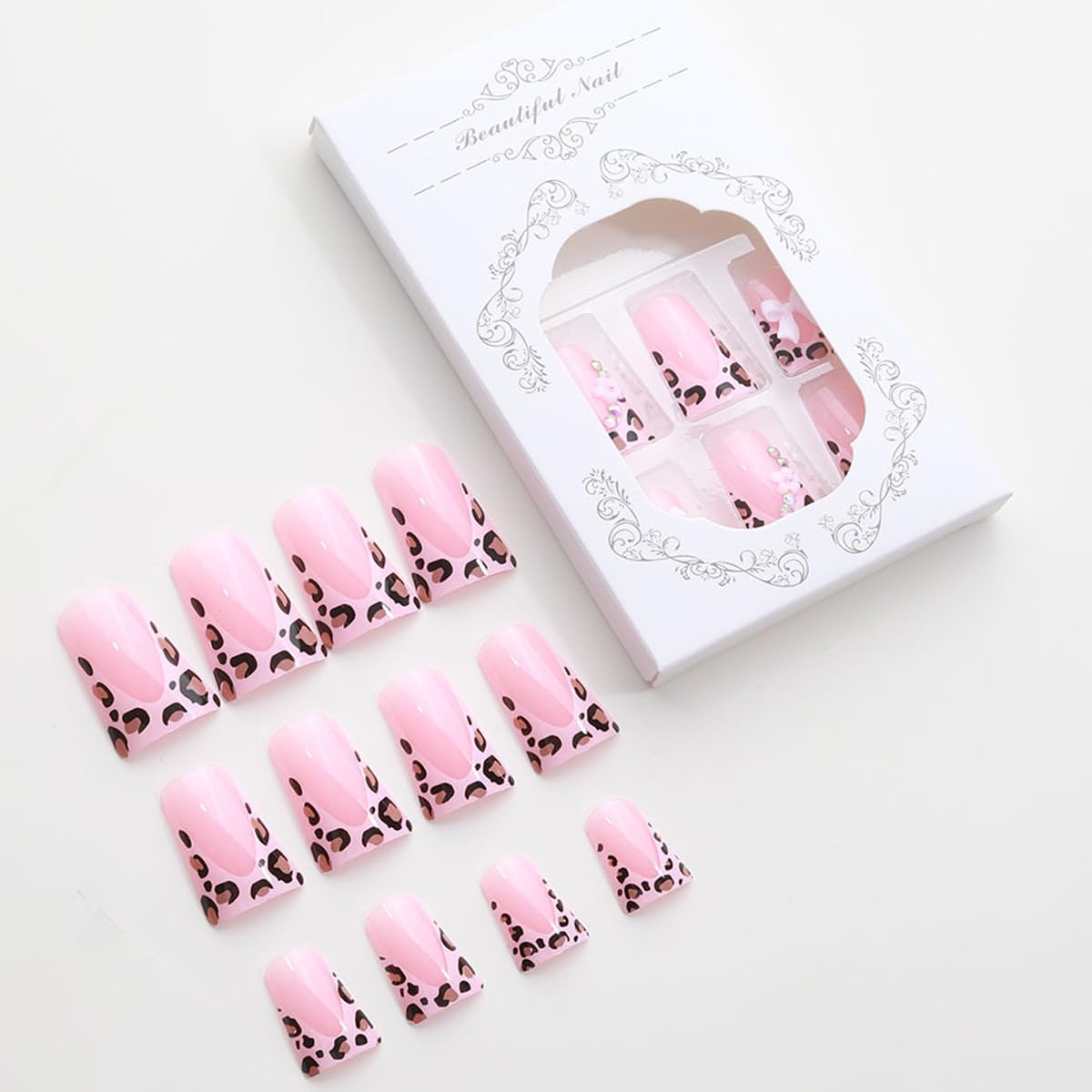 IMSOHOT Duck Press on Nails Medium French Tips Fake Nails with Leopard Print Designs Full Cover Pink Duck Feet Flared False Nails Glossy Glue on Nails DIY Acrylic Nail Supplies