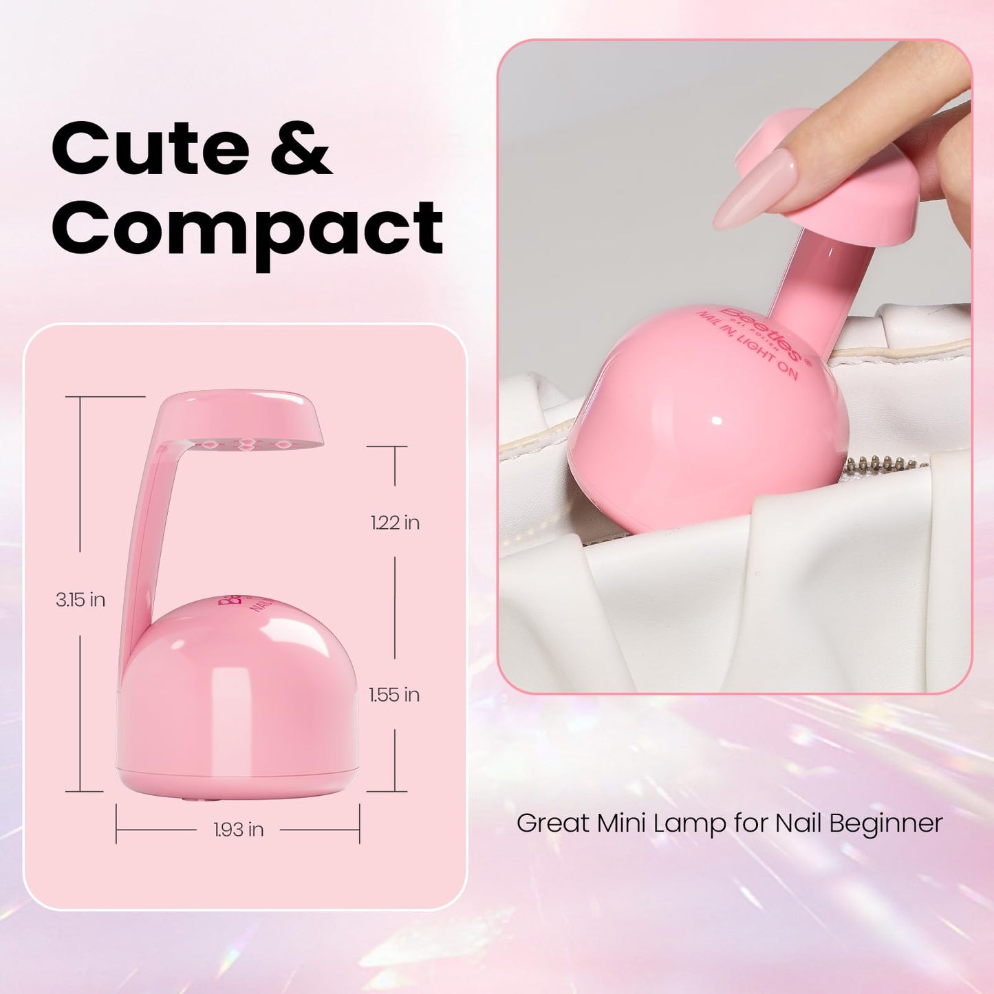 Beetles Mini UV Light for Gel Nails Tips – Small Flash Cure Lamp with Smart Sensor for Easy and Fast Nail Extensions, Cute and Portable UV LED Nail Lamp DIY Manicure Tools, Pink