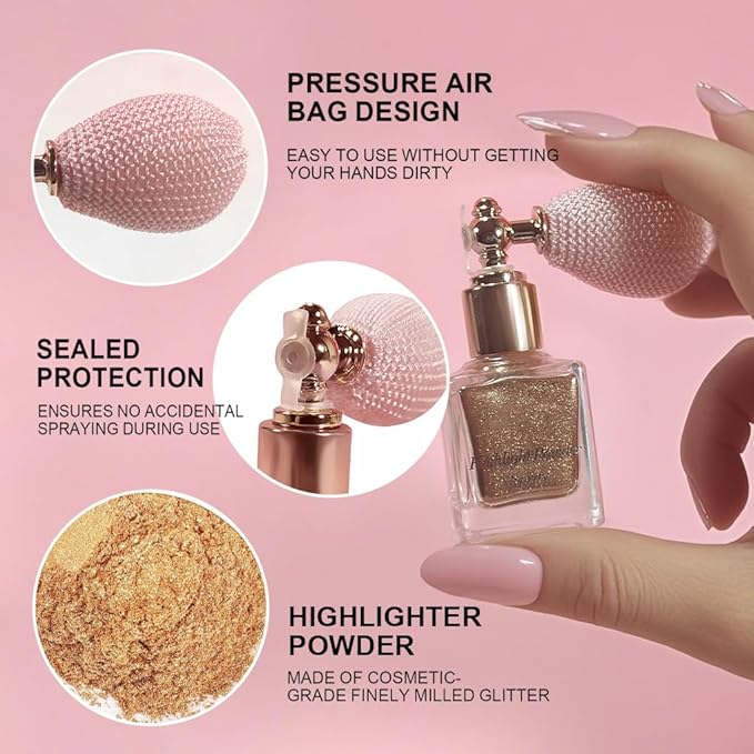 Champagne Highlighter Spray, Professional Shiny Glitter Spray for Eyeshadow Face and Body Luminizers, Loose Shimmer Powder Makeup Mist for Women Kid Rave Outfits Festival Accessories