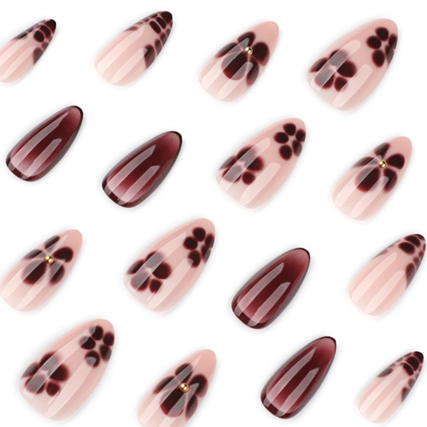 Kamize Short Almond Fake Nails Gradient Press on Nails Full Cover Acrylic Daisy False Nails Coffee Brown for Women 24PCS