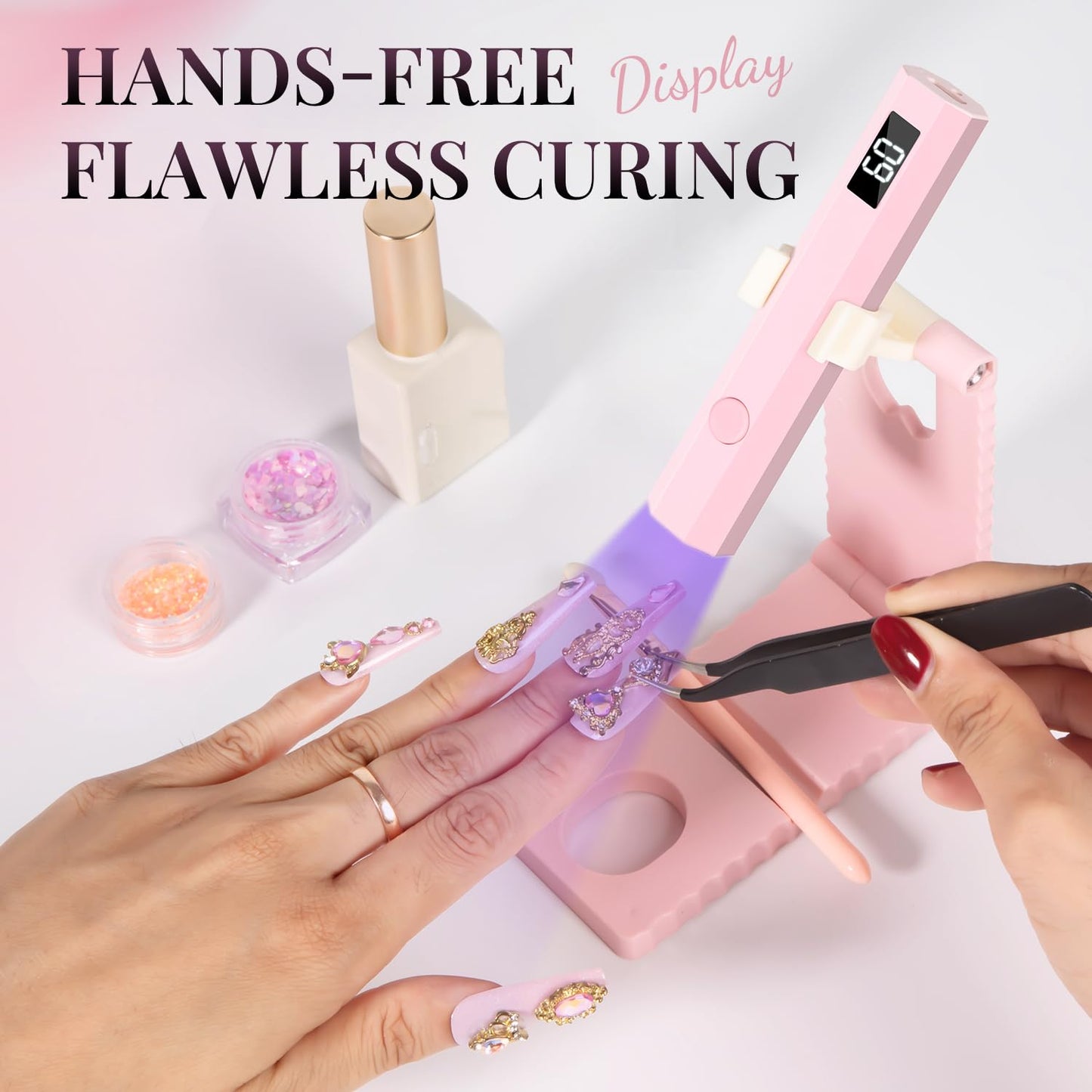 Krofaue Nail Tips Art Bundle – 500PCS Soft Gel French Half Cover Nail Tips with Box & Mini Rechargeable UV Flash Cure Lamp with Stand for Salon and Home DIY
