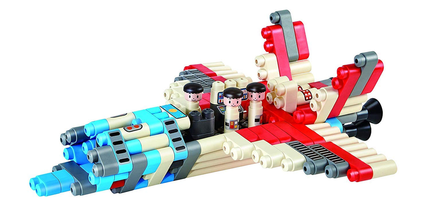 Hape PolyM Space Adventure Rocket Construction Kit | 138 Piece Building Brick Toy Play Set for Kids - Figurines and Accessories Included