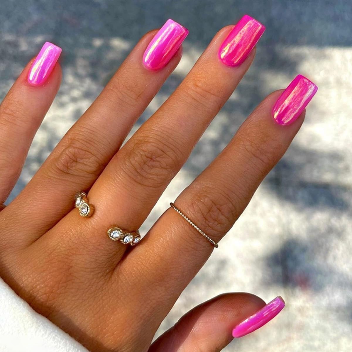 Hot Pink Press on Nails Square - Medium Fake Nails with Chrome Design - Glossy Full Cover Stick on False Nails - for Women 24 Pcs