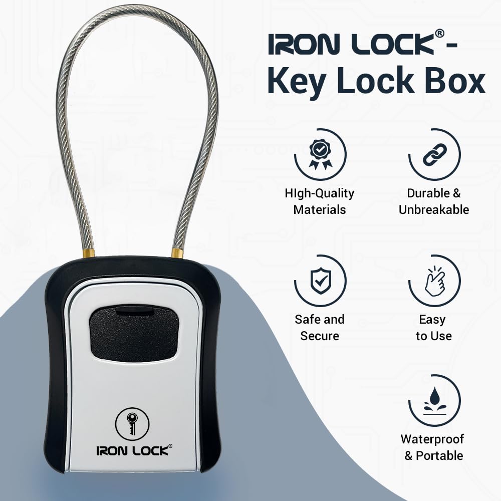Iron Lock® Key Lock Box Portable with Cable Shackle & Wall Mount – Waterproof Metal Lock Box for Keys with 4-Digit Combination & Resettable Code – Indoor/Outdoor Key Safe (Grey, Medium)