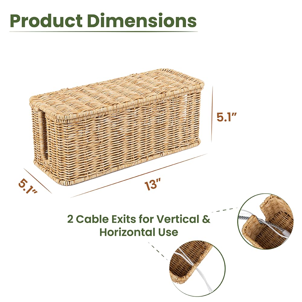 Cable Management Box, Handmade Rattan Cable Organizer with 2 Open Slots, Cord Hider for Power Strip, Router & USB Hub, Registered U.S. Design Patent (D1,112,102), 13" x 5.1" x 5.1", Natural