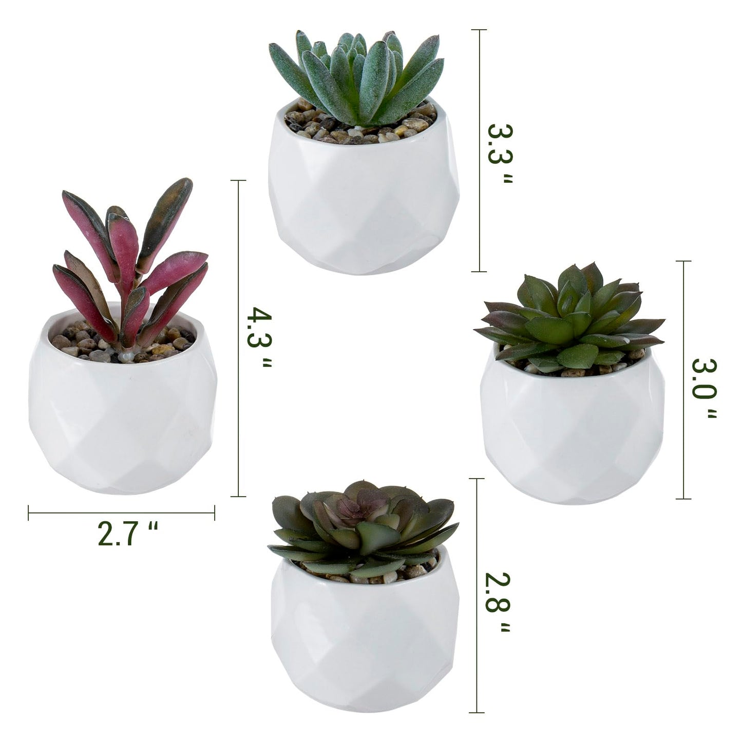 MyGift Miniature Artificial Succulents, Indoor Fake House Plants in Round White Geometric Ceramic Pots, Set of 4
