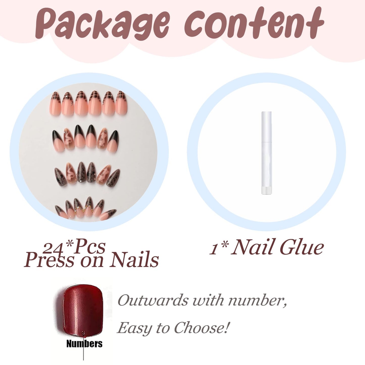 BABALAL Dark Coquette Press On Nails, Almond Fake Nails with Black Lace & Rhinestone, Nude Pink Ombre Acrylic Stick On Nails for Women 24Pcs