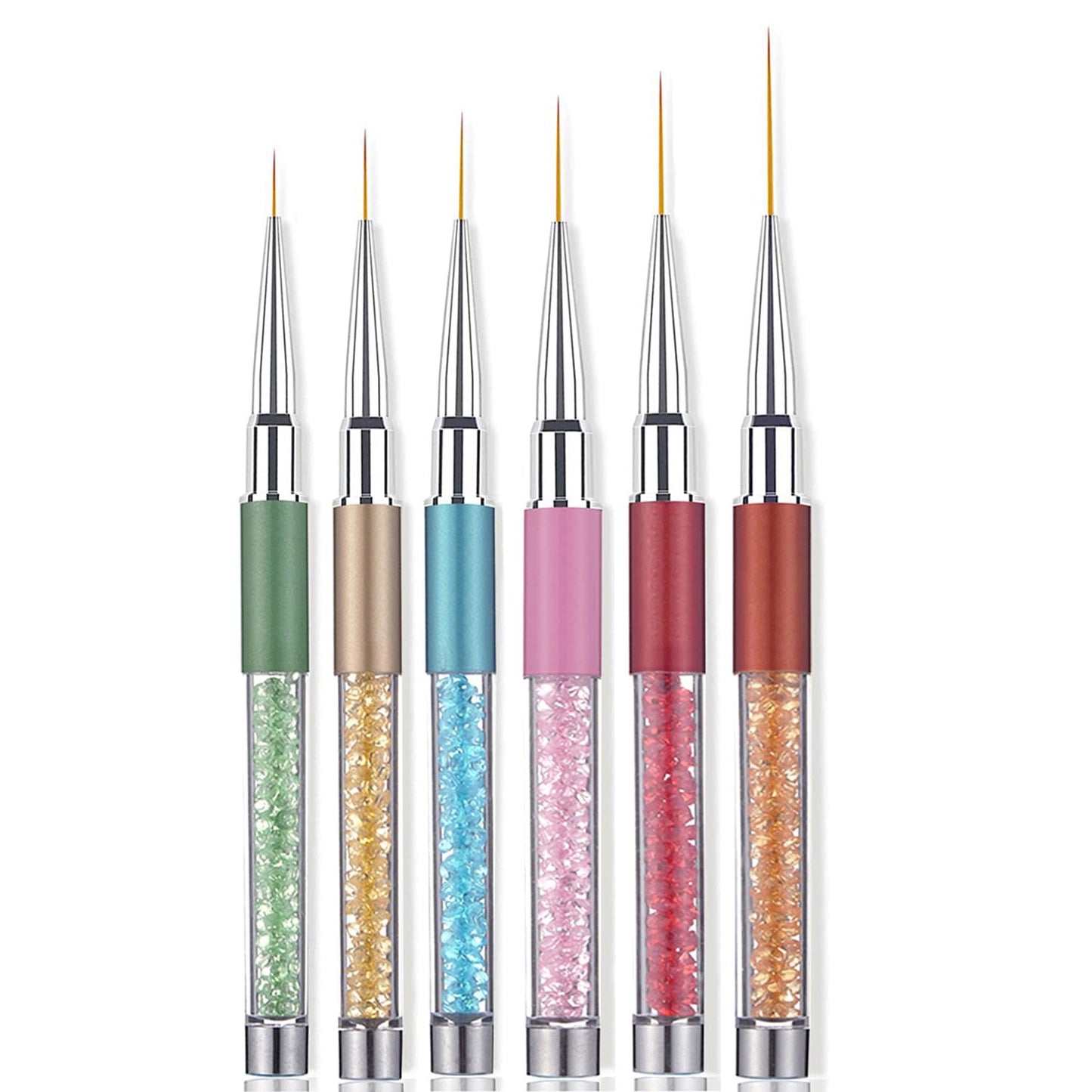 6Pcs Rhinestone Handle Ultra-Fine Nail Liner Brush Set - Professional Striping Brushes for Intricate Nail Art, Multi-Color Crystal Handle Gel Polish Liner Brushes for Salon & DIY Manicure Detailing
