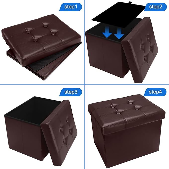 Storage Ottoman, Folding Foot Stool with Thicker Foam Padded Seat Small Leather Storage Ottoman Bench Foot Rest for Living Room Foldable Coffee Table 17x13x13in,Brown