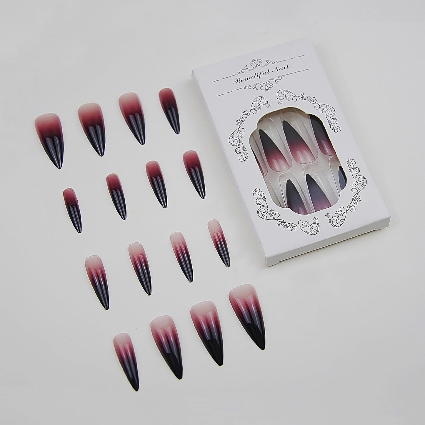 MISUD Press on Nails - Long Stiletto Fake Nails with Goth Red Black, Acrylic Gothic Ombre Design 24 pcs