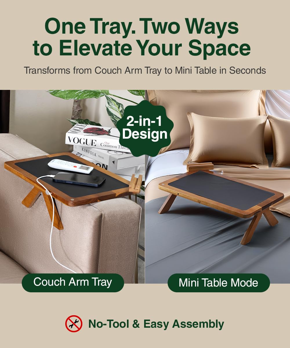 Acacia Couch Arm Tray Table – 2 in 1 Adjustable Couch Arm Table Fits Most Sofa Arms with 360° Rotating Phone Holder, Wire Holder & Non-Slip Mat – Elegant Sofa Tray for Snacks & Coffee