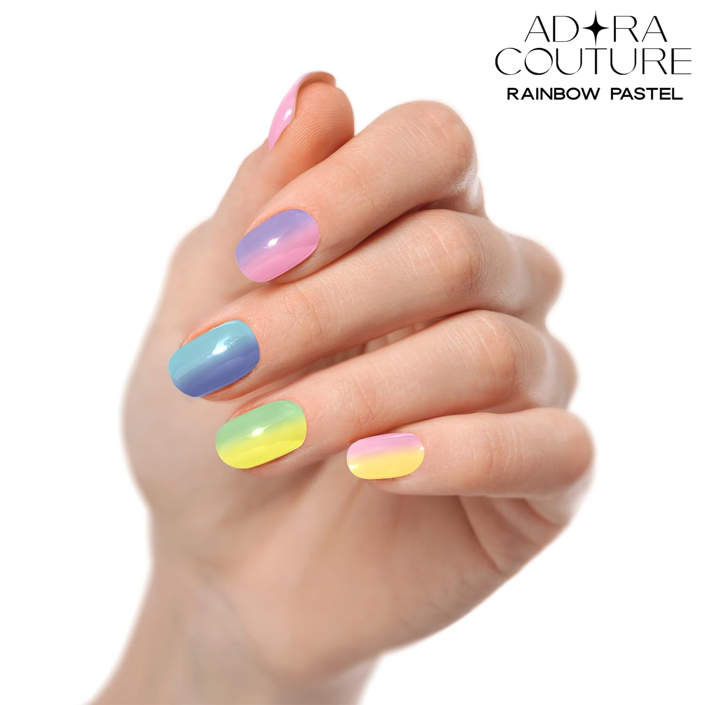 Adora Couture Semi Cured Gel Nail Strips with 30 Pieces - Salon Quality Manicure Kit for Women Easy Application Wraps Includes Prep Pads Nail File Wooden Stick, UV Light Required (M Rainbow)