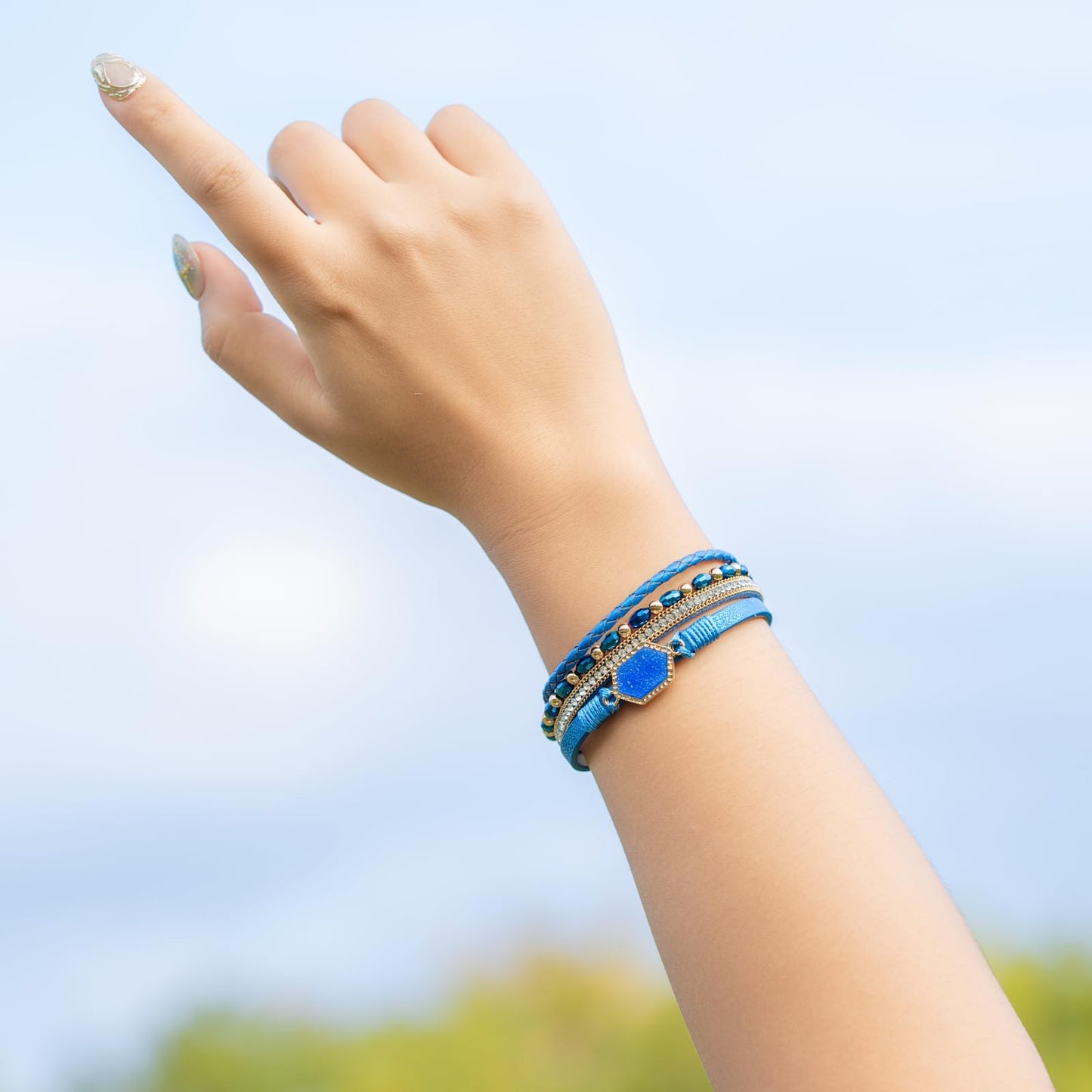 FANCY SHINY Crystal Beaded Leather Wrap Bracelet Stackable Boho Jewelry for Women Trendy Braided Resin Stone Bangle Cuff with Magnetic Clasp(Blue)