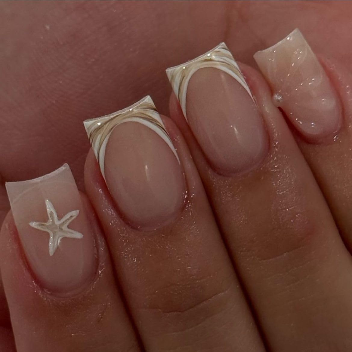 Summer Handmade Press on Nails Starfish Fake Nails Designs Beach Muti-Layer Gel Thick Acrylic Nail Full Cover Beach Handmade Short Square False Nails French Tip Stick on Nail for Women (M)