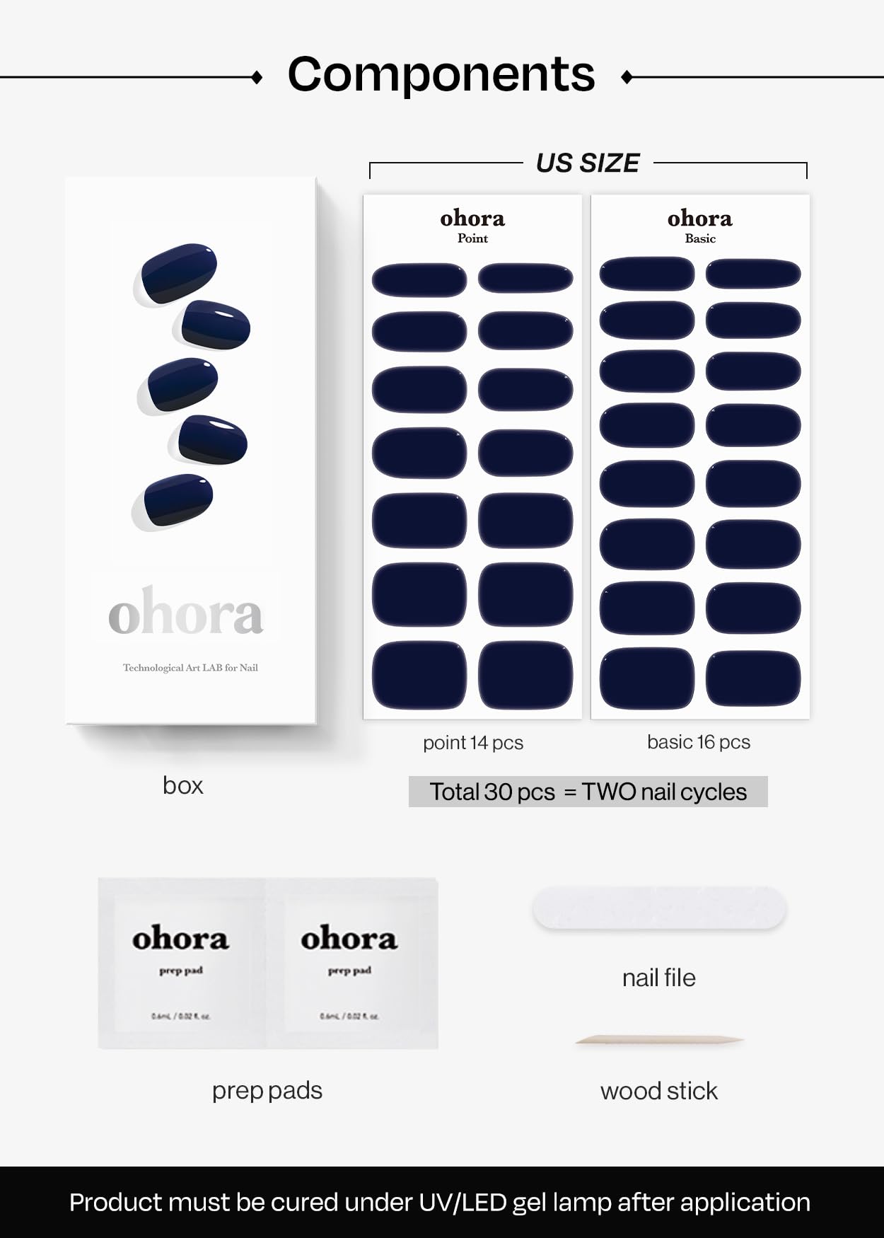 ohora Semi Cured Gel Nail Strips (N Royal Navy) - Blue, Solid, Works with Any UV/LED Lamps, Salon-Quality, Long Lasting, Easy to Apply & Remove - Includes 2 Prep Pads, Nail File & Wooden Stick