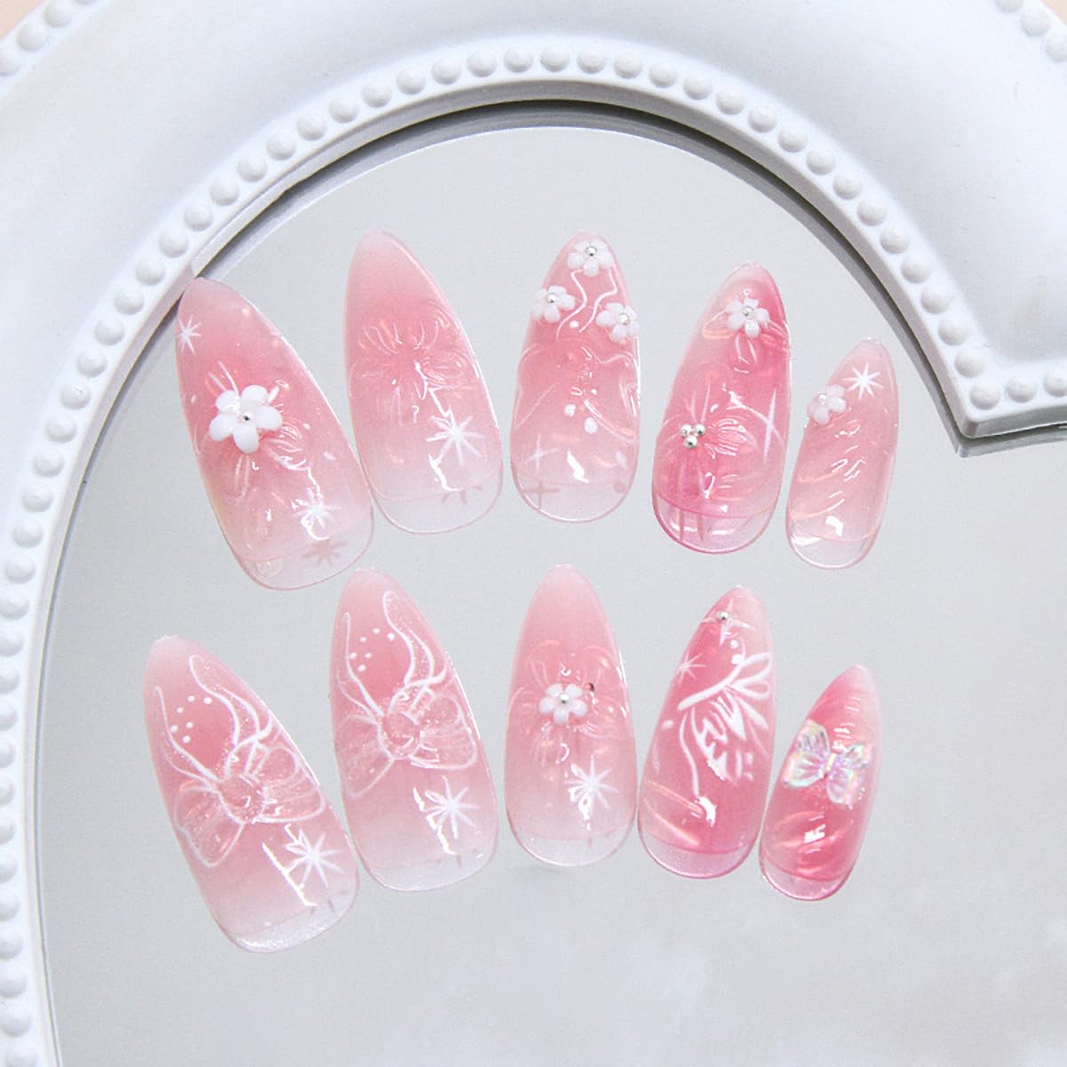 BMKKOT 24Pcs Pink Almond Nails-12: 3D Flower Acrylic Nails, Butterfly Bow, Water Ripple Design, Glossy Finish, Full Cover Nail, ABS Material, Almond Shape, Press-On False Nails