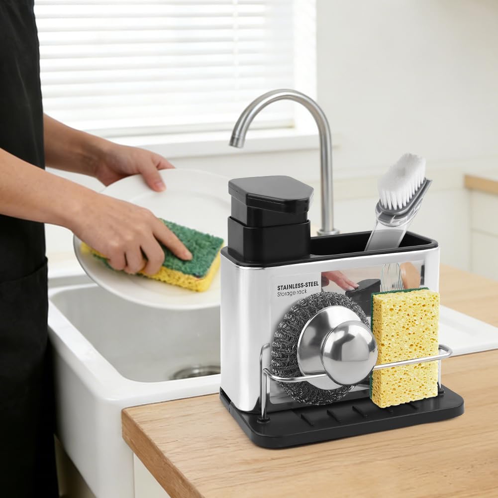 3-in-1 Dish Soap Dispenser, Sponge Holder for Kitchen Sink Caddy, Organizer Dish Soap Dispenser with Cleaning Brush and Tray Drainer Rack Countertop