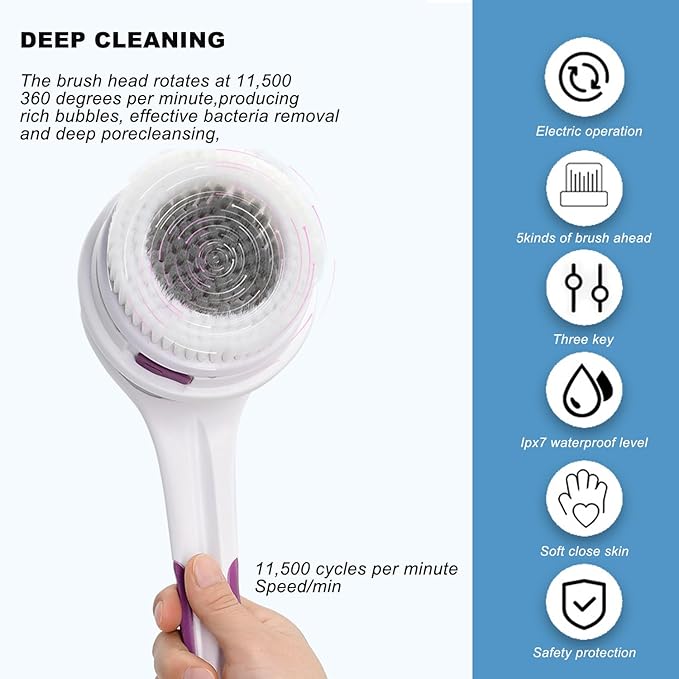 Electric Body Brush,5 Attachments Brush Heads Electric SPA Brush Spin Scrubber for Shower Bathing Cleansing Wash Deep Cleaning with Silicone Rechargeable IPX7 Waterproof