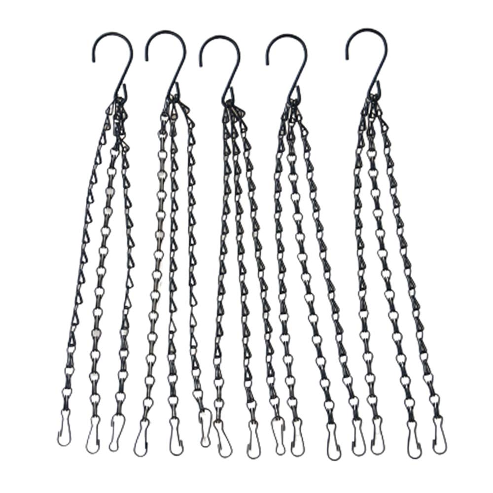 WINCSPACE Black Hanging Basket Chains 3 Leads Flower Plant Pot Replacement Chain with Hooks Hanger for Bird Feeders, Planters, Lanterns and Ornaments 5 Pack Choose Length (16inch)