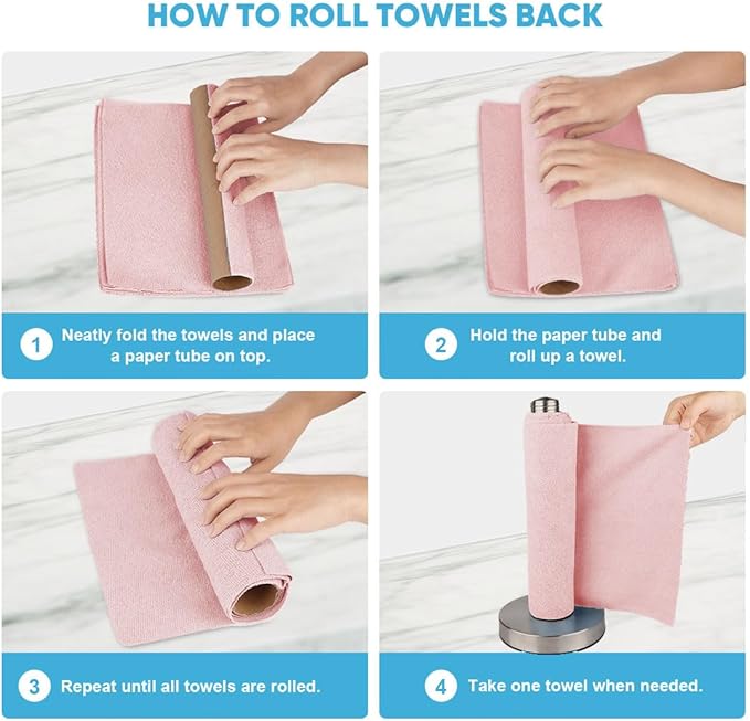 AIDEA Microfiber Cleaning Cloth Roll, 50PK, Tear Away Reusable Paper Towels Pink, Commercial Shop Rags, Microfiber Towels for Cars, Lint Free Cleaning Rags for House, Kitchen, Garage Shop, 11.5"×11.5"