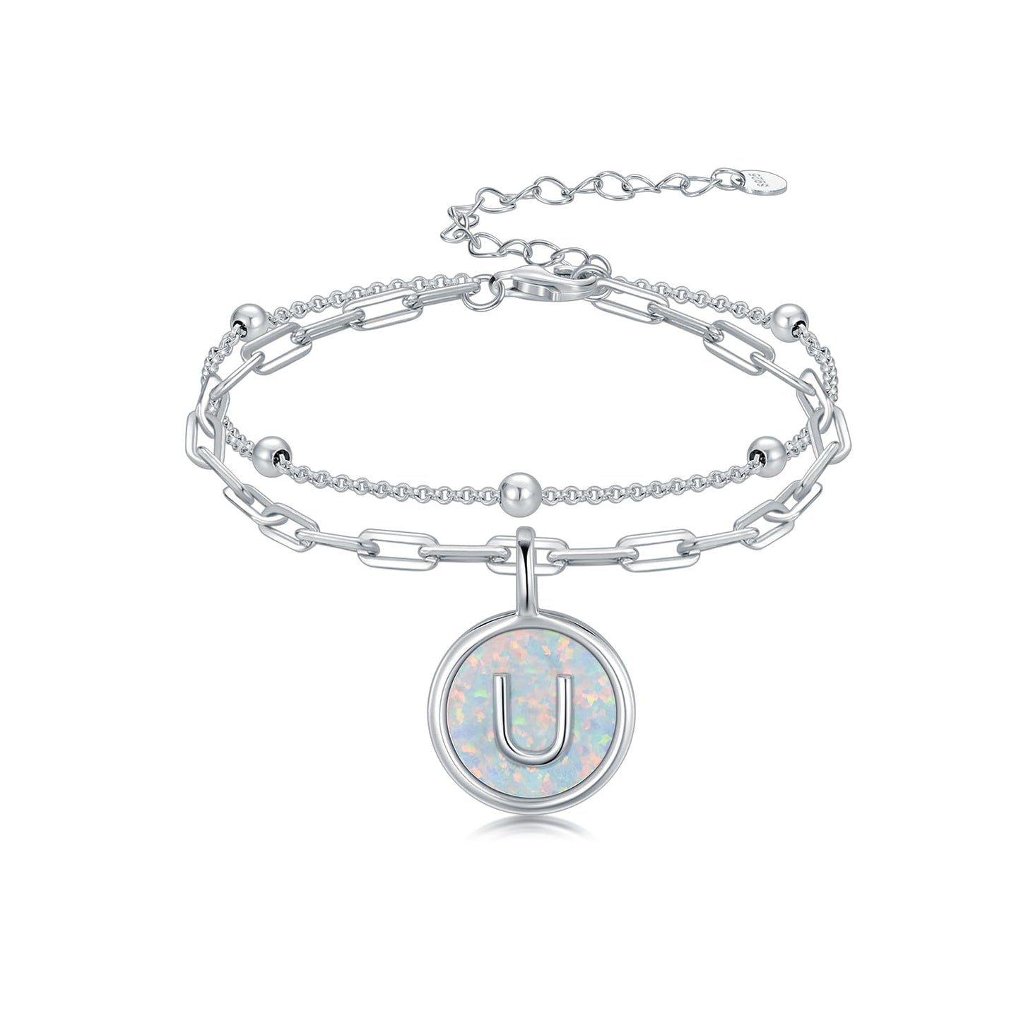 LWQQWL Initial U Bracelet for Women 925 Sterling Silver Layered Initial Bracelet Opal Letter 26 Alphabet Jewelry Christmas Gifts