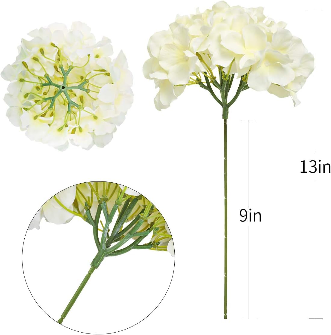 FLORRALIA Fake White Hydrangea Artificial Flowers - Faux Silk Hydrangeas Flowers Heads with Stems Real Touch for Home Wedding Party Table Decor(CreamWhite,Pack of 10)