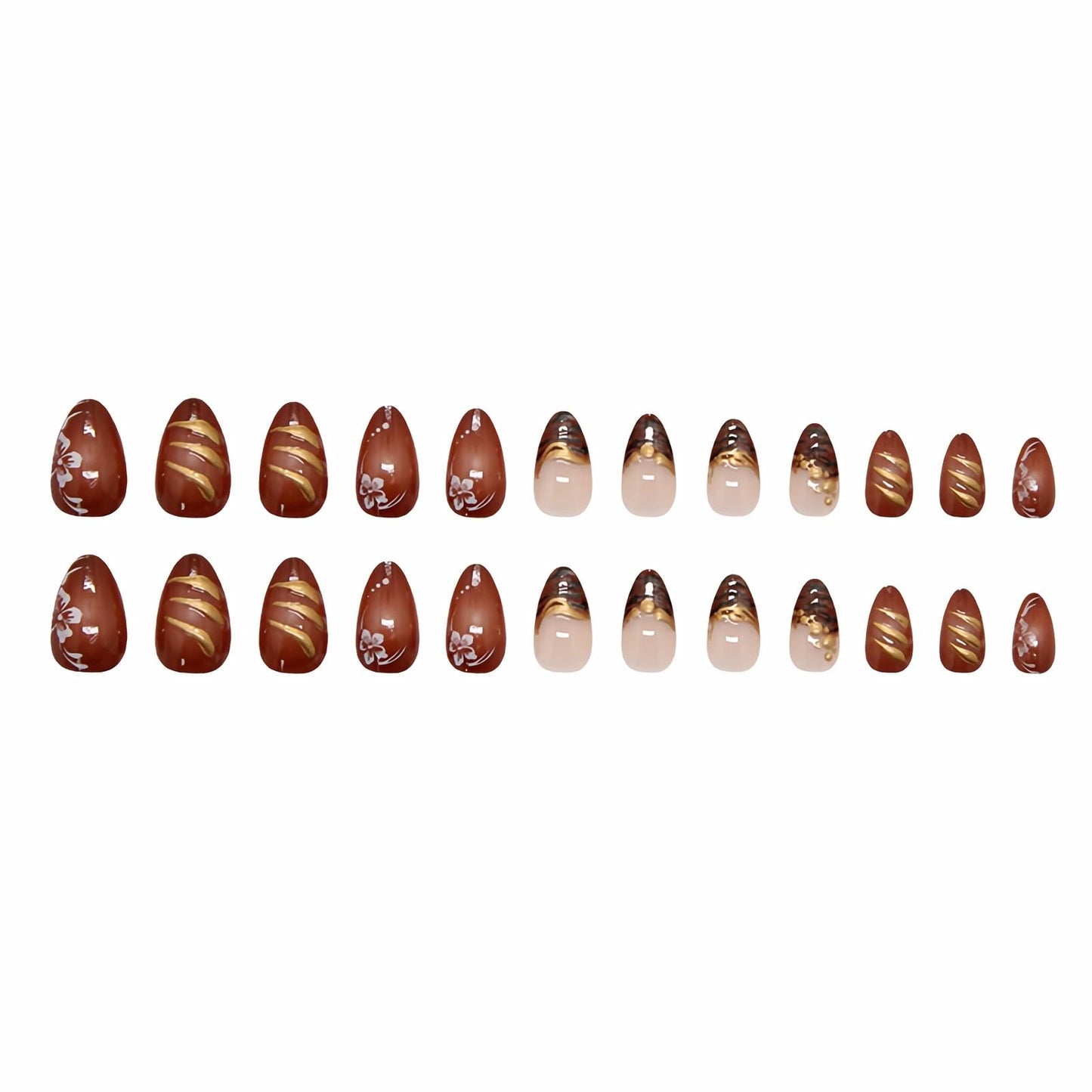 MERVF Press on Nails Almond Medium, Brown French Tip Fake Nails 3D Gold Glue ons Fall Acrylic Nail Aura Design Manicure Glossy 24pcs
