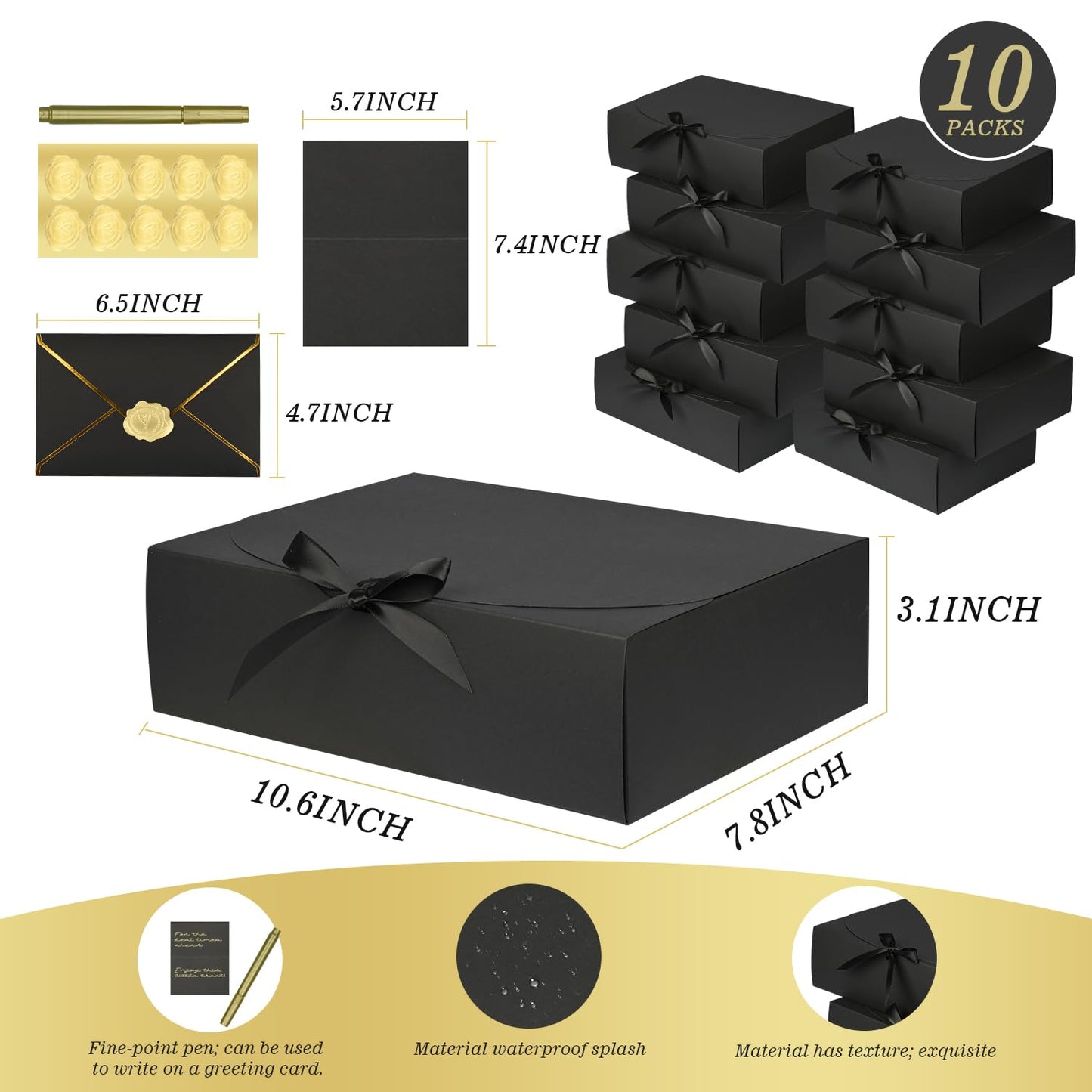 WLUSEAXI 10 Pack Black Gift Boxes with Lid, Bridesmaid Proposal Box with Cards and Envelopes Metal Pen Sticker for Groomsmen Proposal,Birthday,Wedding, Mother's Day 10.6×8×3.1 Inch