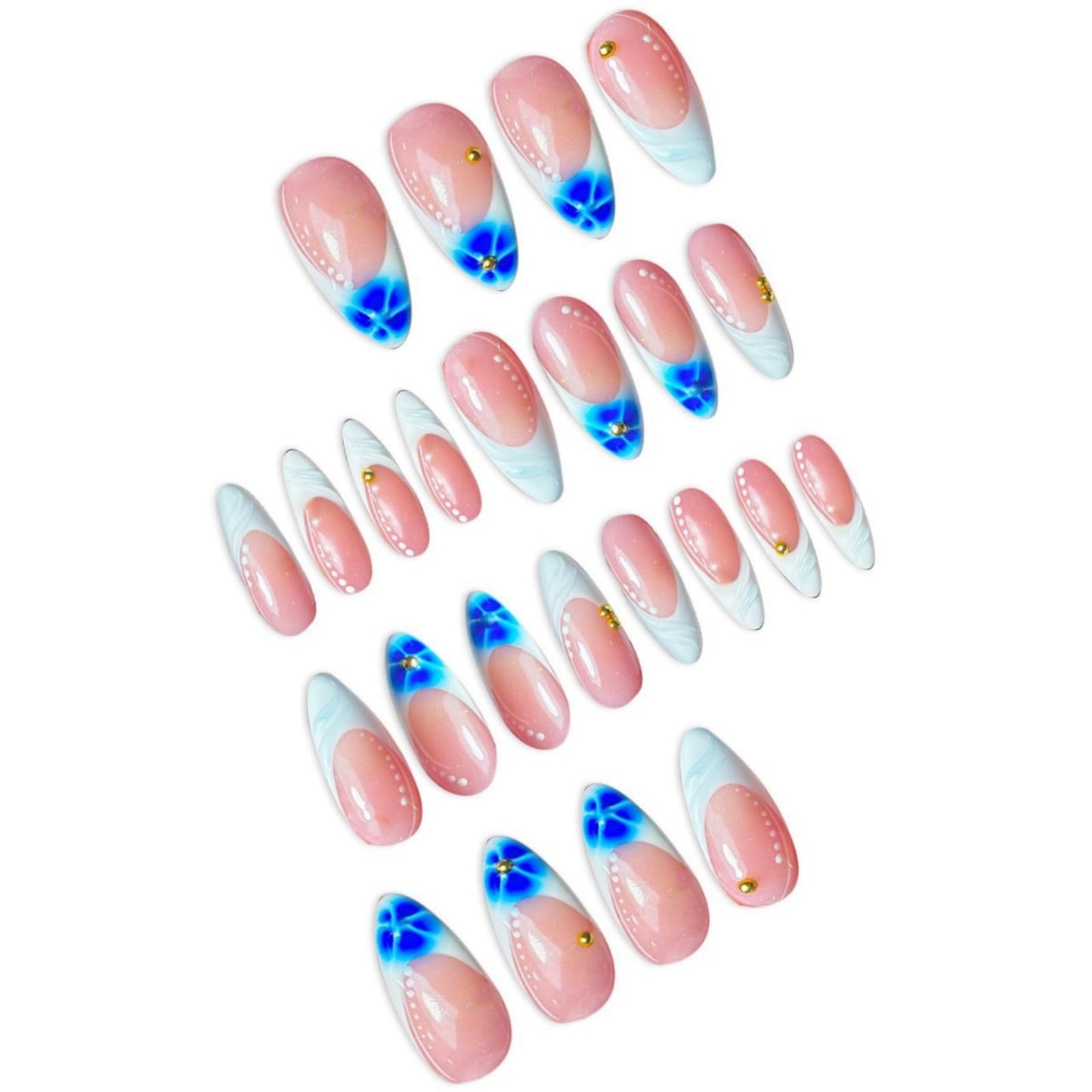 Medium Press on Nails Almond Fake Nails BlueFalse Nails French Artificial Nails with Floral Designs Summer Handmade Nails Stick on Nails for Women 24pcs