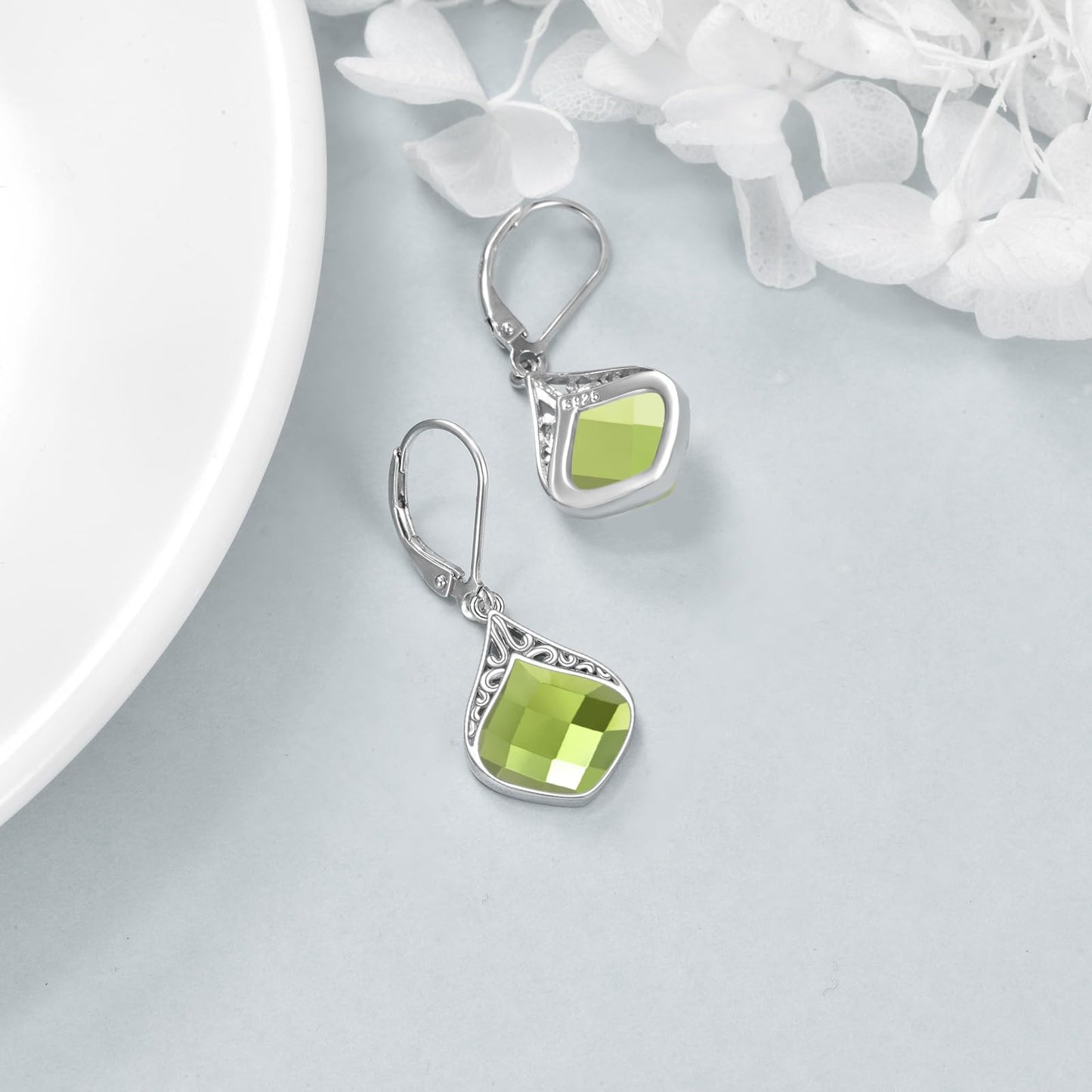 Peridot Drop Earrings Sterling Silver Green Crystal Teardrop Dangle Earrings Filigree Irish Jewelry Christmas Gifts for Women