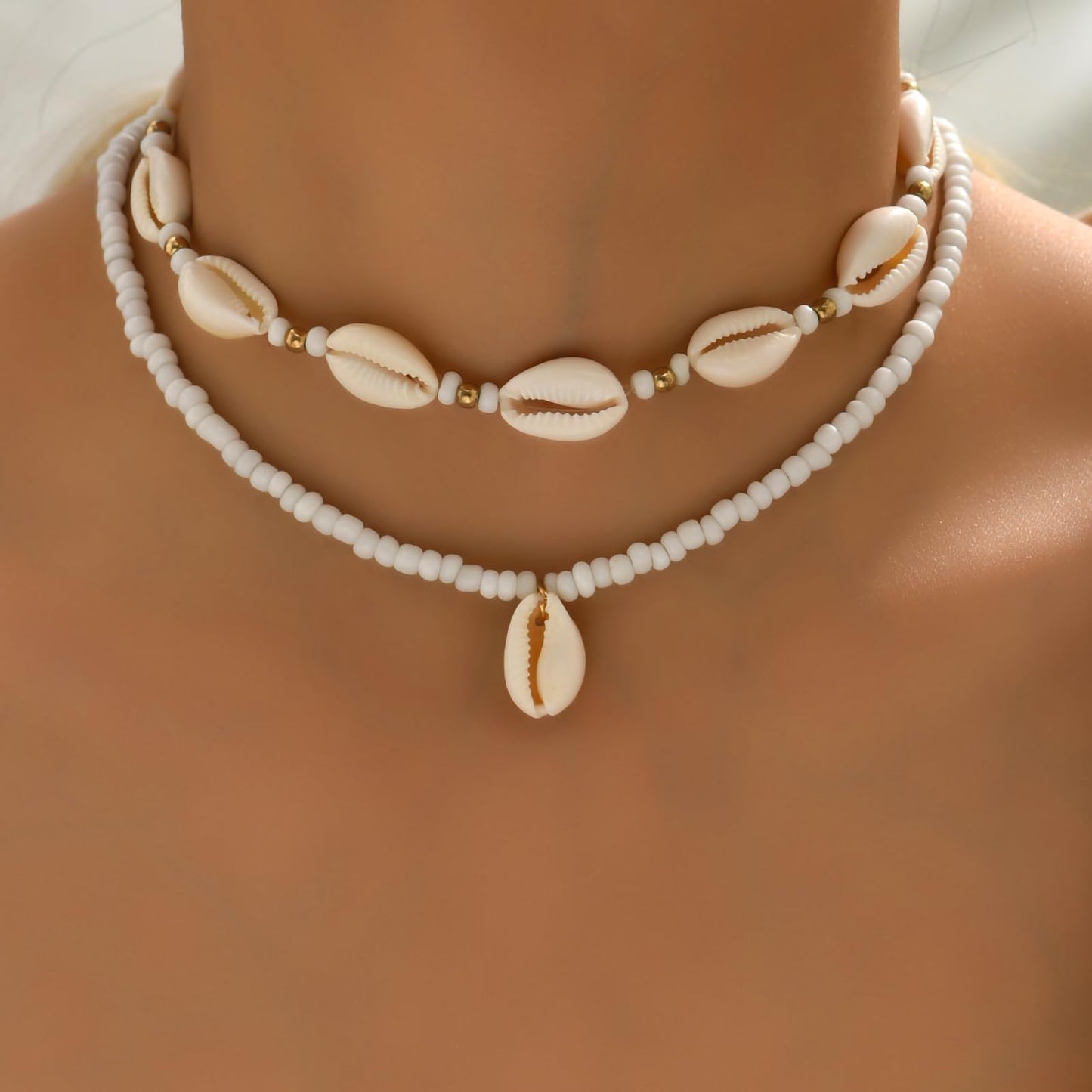 Nackiy Handmade Sea Shell Necklace Choker For Women Summer Adjustable Natural Shell Collar Necklace (Beige Braided Rope) (2 Layered)
