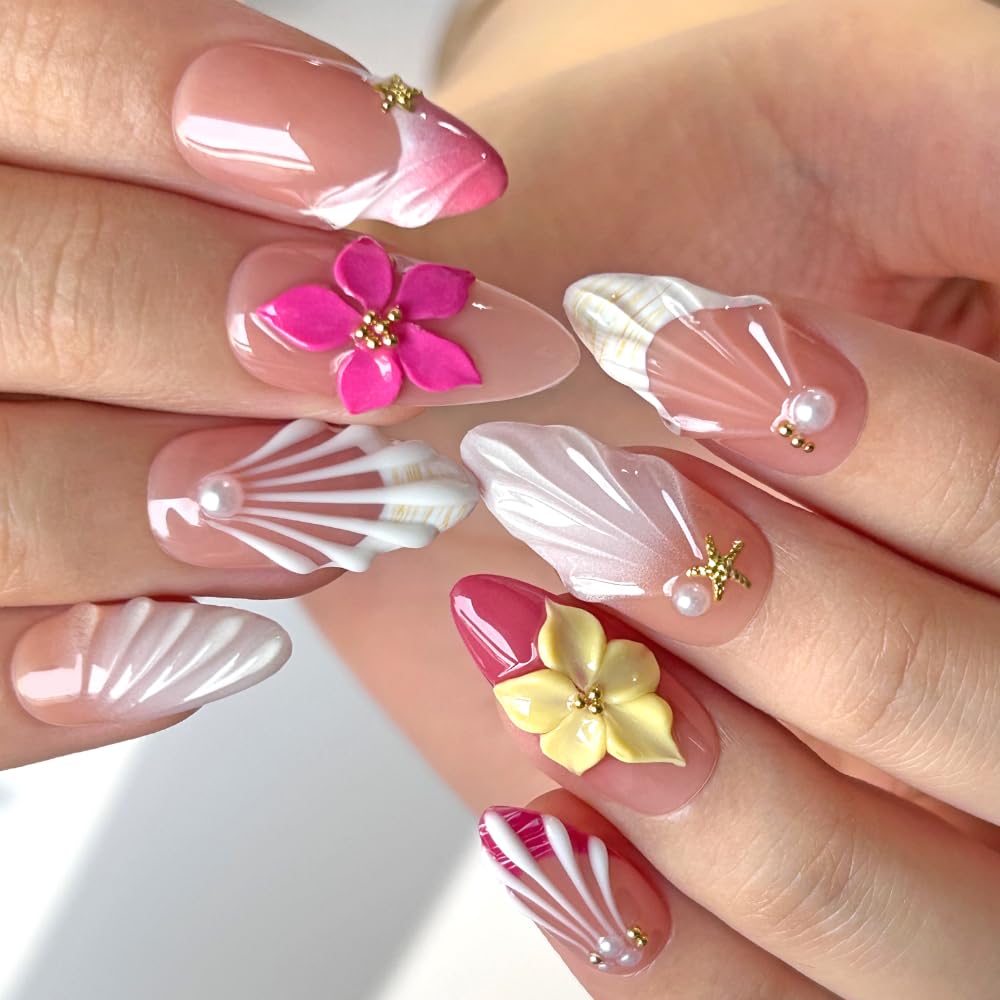 Medium-Size - Luxury Medium Almond 3D False Nails Women Reusable ABS Material Finger Printed Nail Tip French Salon Design Artificial Fingernail-M-size