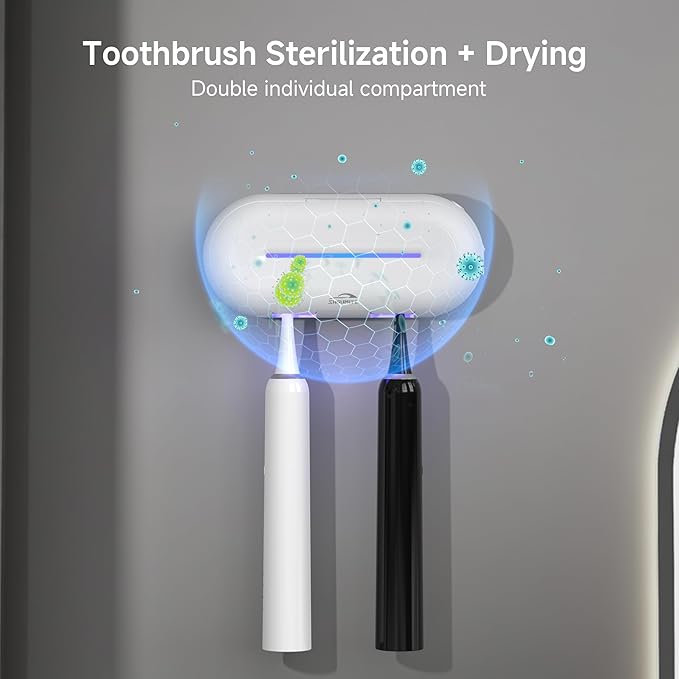 Toothbrush Holder Sanitizer - Toothbrush Dryer and Cleaner, Wall Mounted Holder with 10000mAh Rechargeable Battery, Triple-Light Cleaning + Rapid Drying System for Bathroom