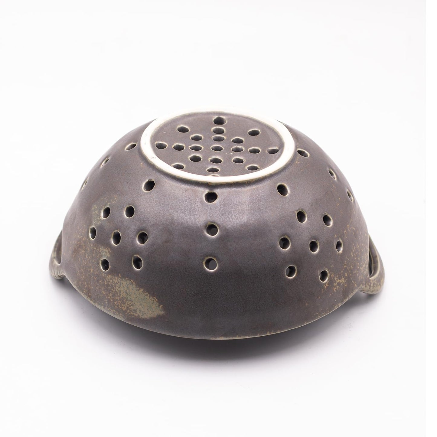Amitofo 8" Ceramic Berry Colander with Handles, Reactive Glaze Fruit Washing Bowl, Rustic Stoneware Pasta Strainer for Kitchen (Charcoal Grey)