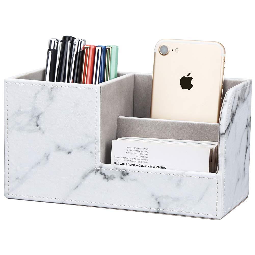 KINGFOM Desk Organizer Office Supplies Caddy Pu Leather Multi-function Storage Box Pen/Pencil,Cell phone, Business Name Cards Remote Control Holder Gray Marble
