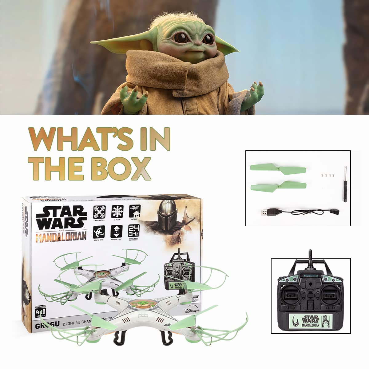 Star Wars The Mandalorian Grogu Baby Yoda RC Quadcopter Drone - 2.4GHz 4.5CH Remote Control Flying Drone with Flip Stunt Modes, Built-In Gyro and USB Charging - Kids 6+
