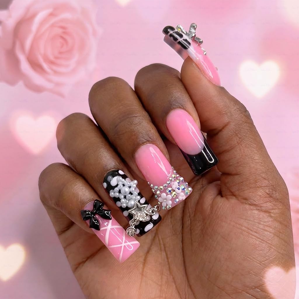 IntoVibes 10 Pieces Luxury Acrylic Press On Nails Long Handmade Duck Nails, Black Thickened False French Nails, With 3D Bowknot And Stars, Reusable Fake Nails, Acrylic Nails (S)